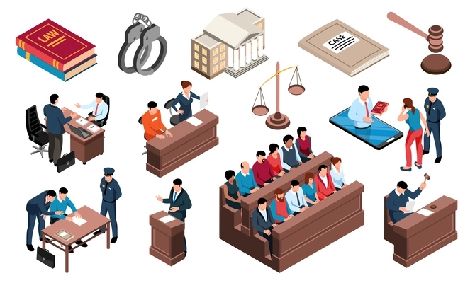 Crime justice law isometric set with criminal investigation court defendant handcuff attorney jury prosecutor mallet vector illustration