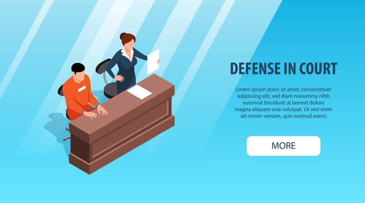 Isometric lawyer horizontal banner with images of attorney and defendant at court table with editable text vector illustration