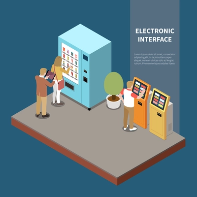 Electronic interfaces isometric composition with people using touch screen of vending machine and payment terminal vector illustration