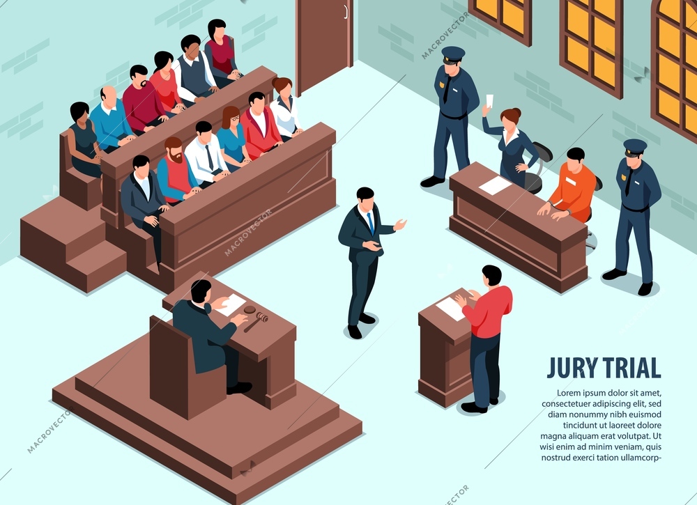 Isometric lawyer horizontal background with indoor view of court in session with people and editable text vector illustration