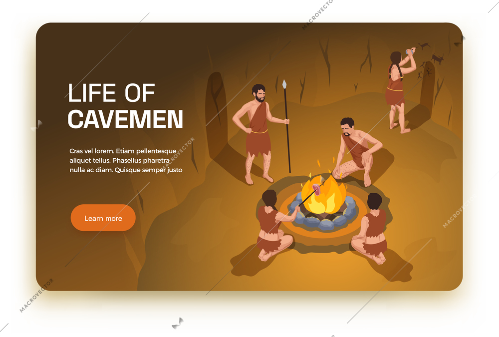 Caveman prehistoric primitive people horizontal banner with learn more button editable text and indoor cave scenery vector illustration