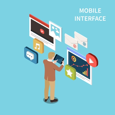 Mobile interface isometric background  with social media application signs and design elements vector illustration