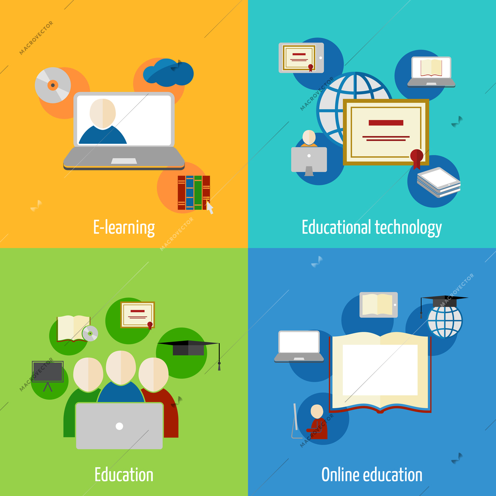 Online education e-learning flat webinar digital school icons set isolated vector illustration