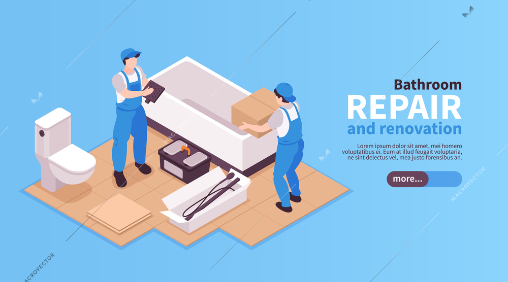 Isometric repairs bath horizontal banner with characters of workers installing bathroom furniture editable text and button vector illustration