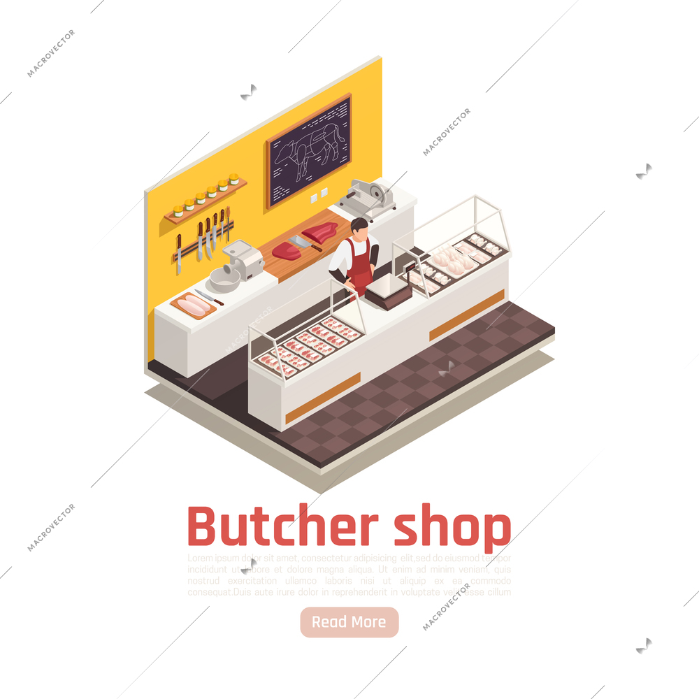 Butcher shop isometric composition with beef cuts salesman sliced meat chicken fillets steaks on counter vector illustration