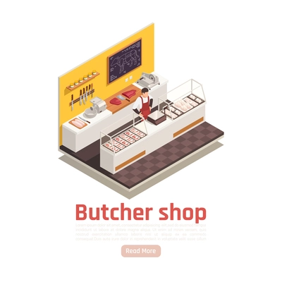 Butcher shop isometric composition with beef cuts salesman sliced meat chicken fillets steaks on counter vector illustration