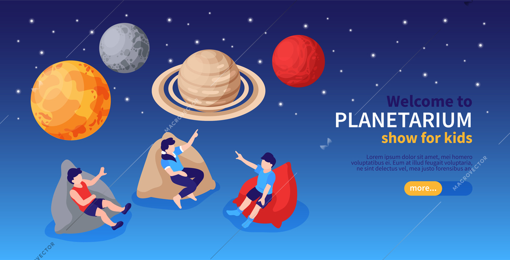 Isometric planetarium horizontal banner with starry sky background editable text button and children characters watching planets vector illustration