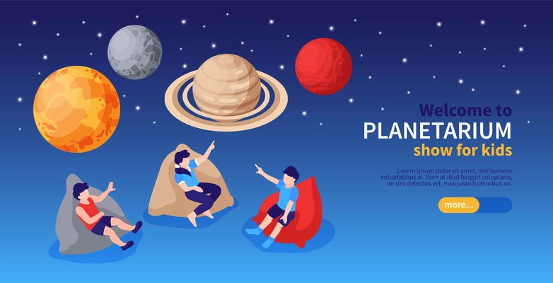 Isometric planetarium horizontal banner with starry sky background editable text button and children characters watching planets vector illustration