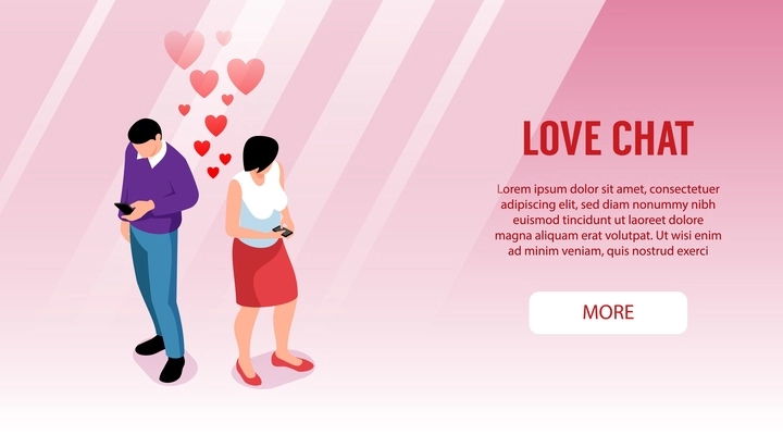 Isometric couple love horizontal banner with more button text with male and female characters and hearts vector illustration
