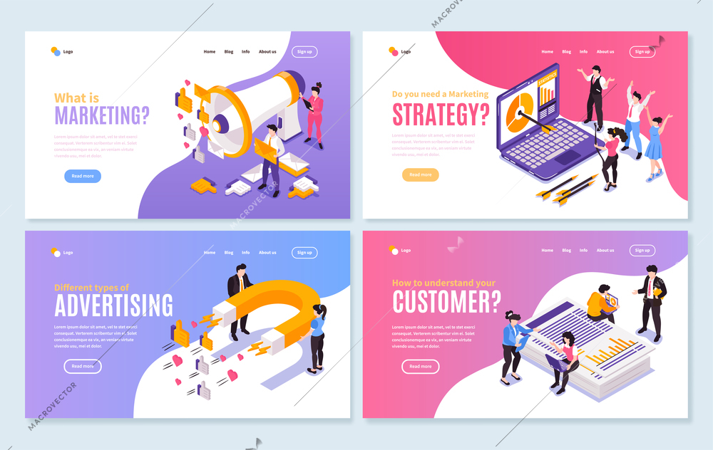 Isometric marketing strategy set of four horizontal website banners with clickable links buttons and editable text vector illustration