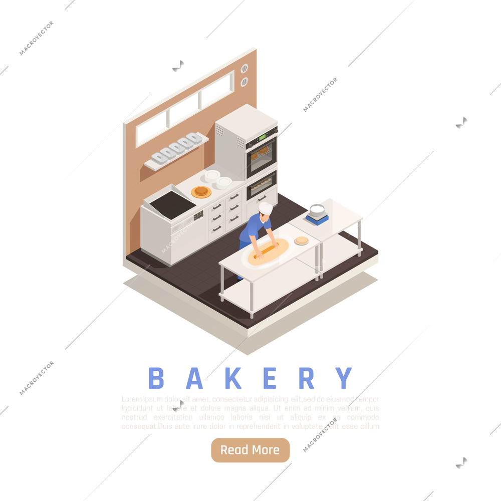 Bakery confectionery kitchen facility isometric view with adding filling before setting pie in industrial oven vector illustration