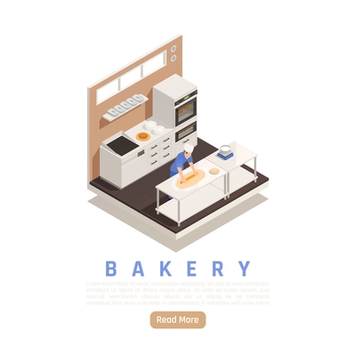 Bakery confectionery kitchen facility isometric view with adding filling before setting pie in industrial oven vector illustration