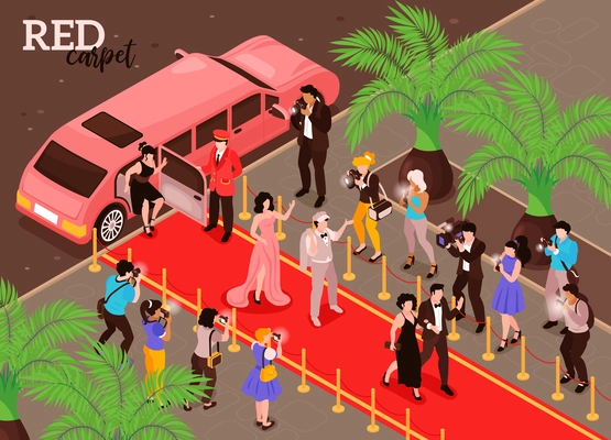 Isometric celebrities composition with purple limo and superstars walking down the red carpet with reporters photographers vector illustration