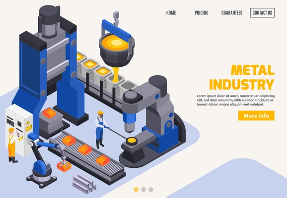 Metal industry colored banner with steel making automated equipment conveyor workers 3d isometric vector illustration