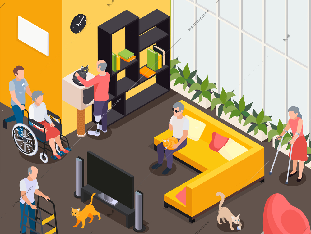 Disabled men and women watching tv resting stroking cats at nursing home 3d isometric vector illustration