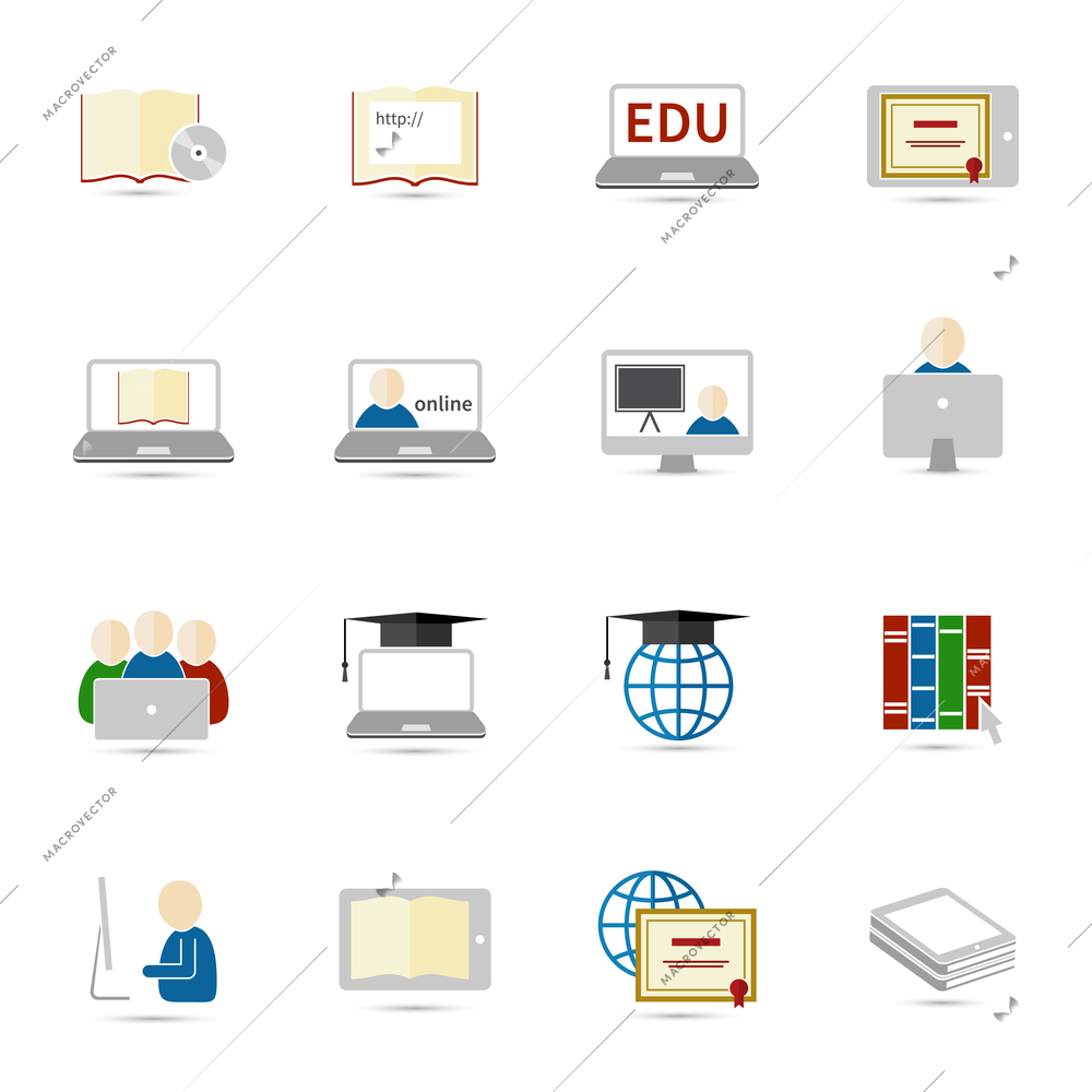 Online education e-learning flat webinar digital school icons set vector illustration