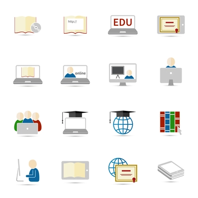 Online education e-learning flat webinar digital school icons set vector illustration