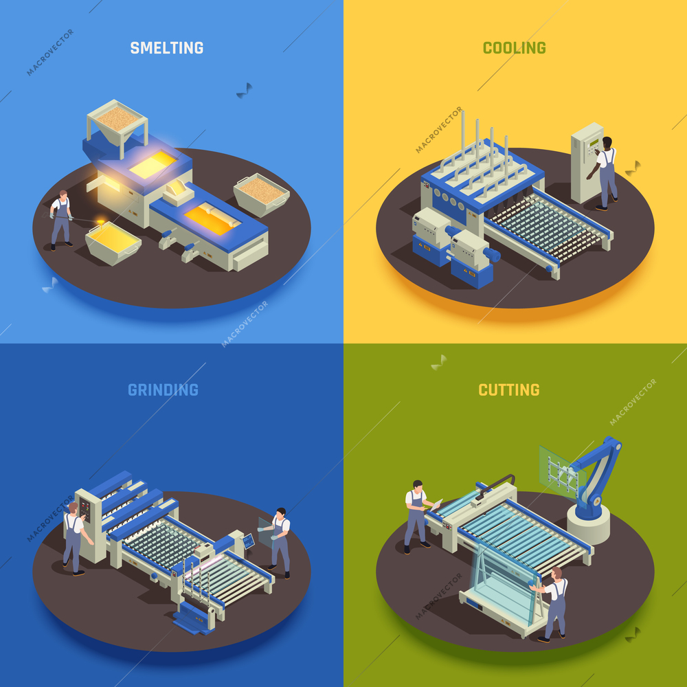 Modern glass production concept 4 isometric compositions square with melting casting cooling grinding cutting process vector illustration