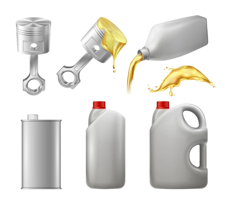 Motor oil plastic bottles tin can realistic advertising set with lubricated combustion engines elements isolated vector illustration