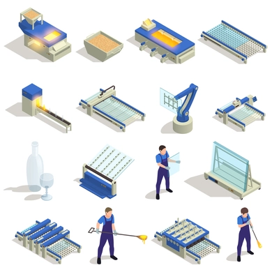 Glass production isometric icons set with furnace materials melting casting blowing cooling cutting sheets glassware vector illustration