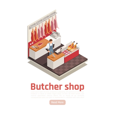 Butcher shop isometric composition with hanging meat display steaks sliced beef scale ham on counter vector illustration