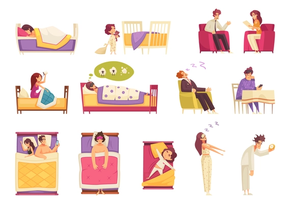 Sleep time set with bedtime symbols flat isolated vector illustration