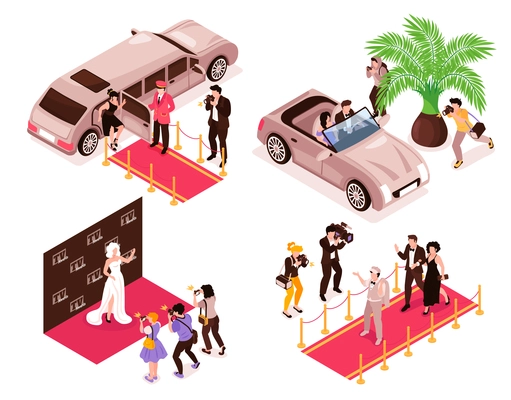 Isometric celebrities compositions set with luxury cars red carpet and paparazzi photographers taking photos of superstars vector illustration