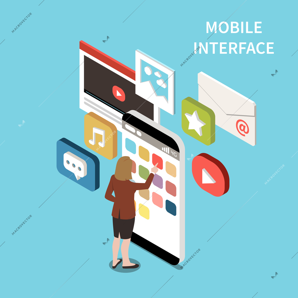 Mobile interface isometric design concept with email video chat music app signs and icons on smartphone screen vector illustration