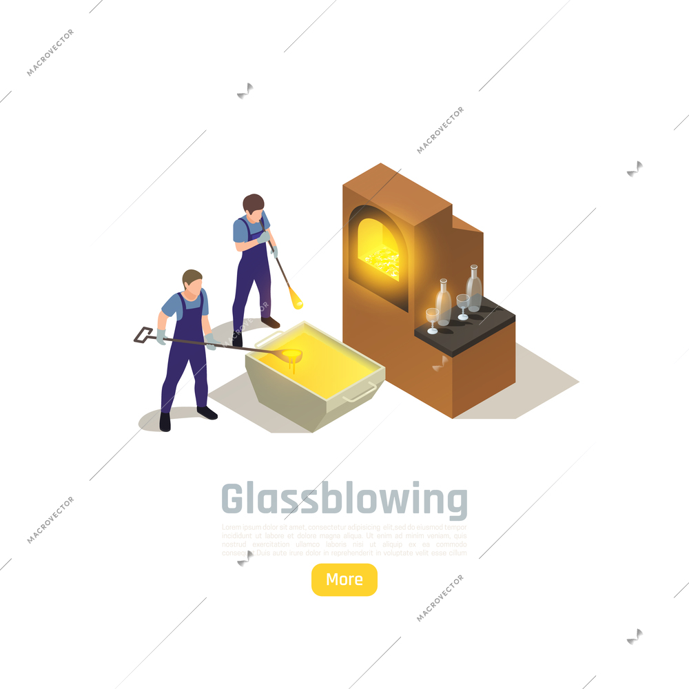 Traditional glass manufacture isometric composition with furnace molted batch glassblower inflates hot blob with blowpipe vector illustration