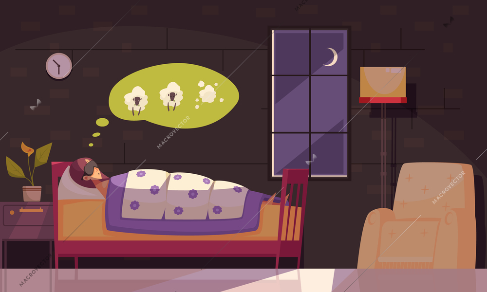 Sleep time background with insomnia problem symbols flat vector illustration