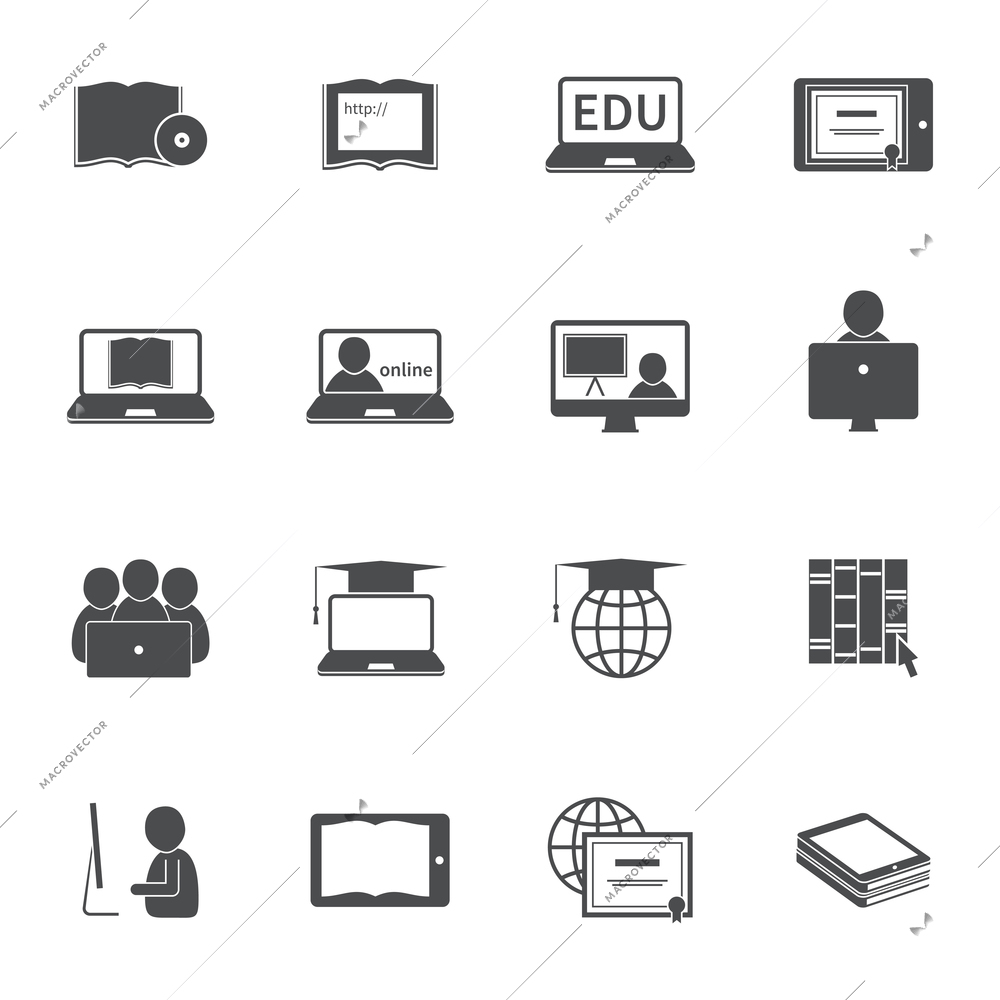 Online education e-learning silhouette video tutorial training icons set vector illustration