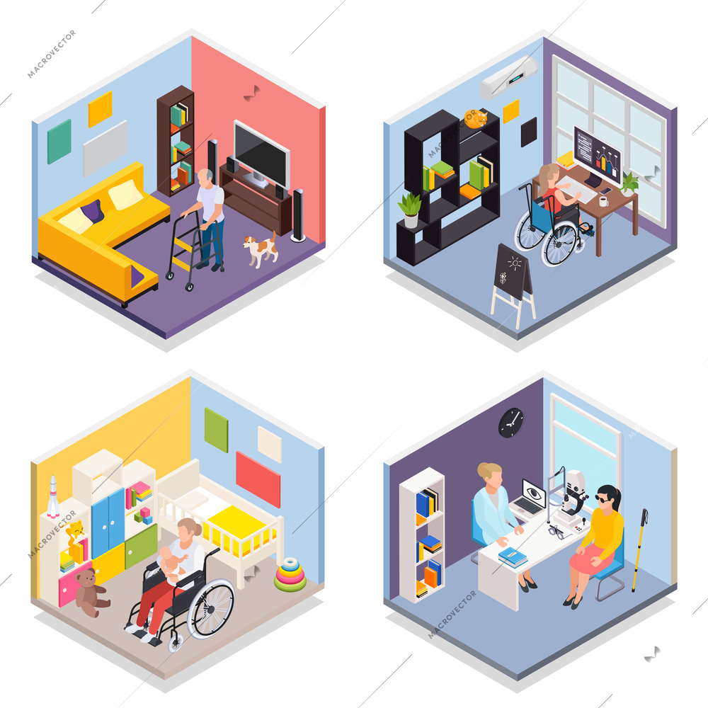 Young and elderly disabled people at home and hospital 2x2 isometric design concept 3d isolated vector illustration