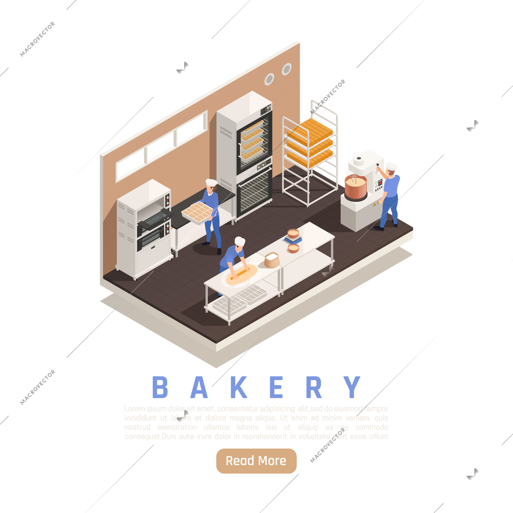 Bread and confectionery bakery interior isometric composition with staff kneading rolling dough industrial mixer oven vector illustration