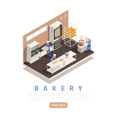 Bread and confectionery bakery interior isometric composition with staff kneading rolling dough industrial mixer oven vector illustration