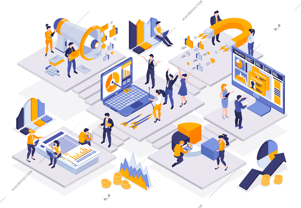 Isometric marketing strategy composition of platforms connected with stairs and people with computers and infographic elements vector illustration