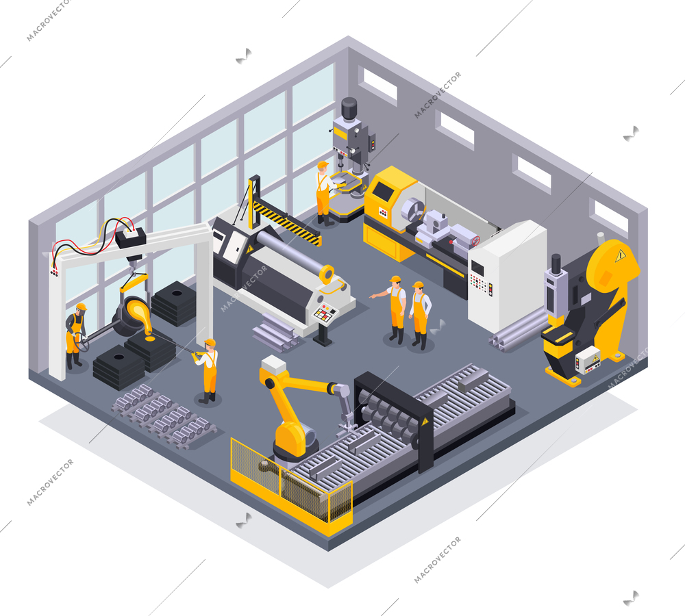 Colored composition with metal industry plant workers and machinery 3d isometric vector illustration