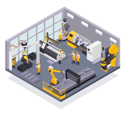 Colored composition with metal industry plant workers and machinery 3d isometric vector illustration