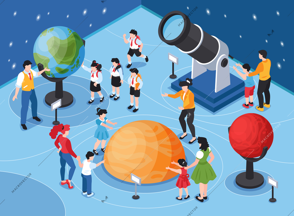 Isometric planetarium composition with human characters of children adults and starry sky with globes and telescope vector illustration