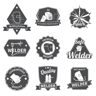 Welder industry construction work repair and manufacturing instruments labels set isolated vector illustration