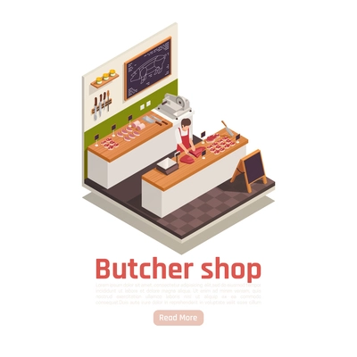 Butcher cutting meat on wooden counter worktop in his shop with knives slicer scale isometric vector illustration