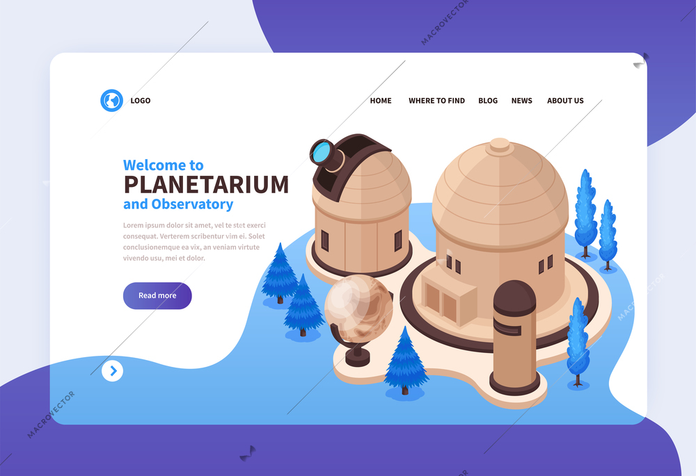 Isometric planetarium concept banner for website with clickable links buttons editable text and buildings with telescope vector illustration