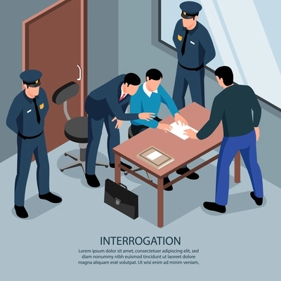 Isometric lawyer background with editable text and indoor scenery of interrogation room with policemen and attorney vector illustration