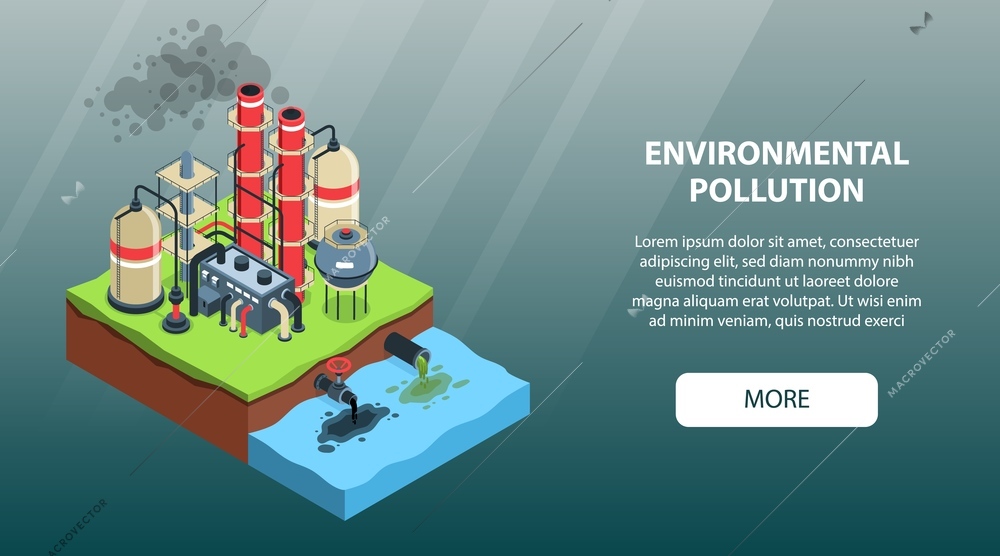 Isometric environmental pollution horizontal banner with image of toxic factory river and text with more button vector illustration