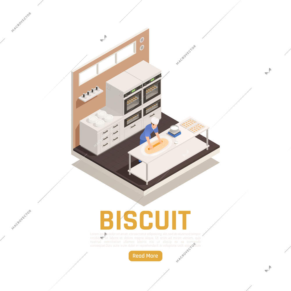 Bakery confectionery industrial kitchen interior isometric composition with oven dough rolling cakes doughnuts cookies biscuits vector illustration