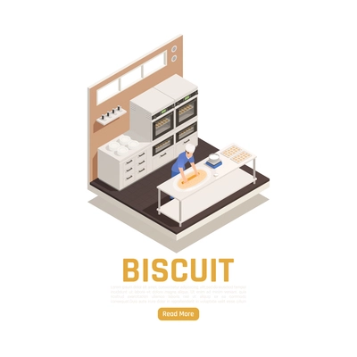 Bakery confectionery industrial kitchen interior isometric composition with oven dough rolling cakes doughnuts cookies biscuits vector illustration