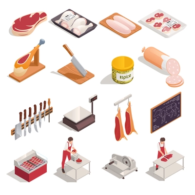 Butcher at work products tools accessories isometric set with knives sausage steak chicken drumsticks hanging meat vector illustration