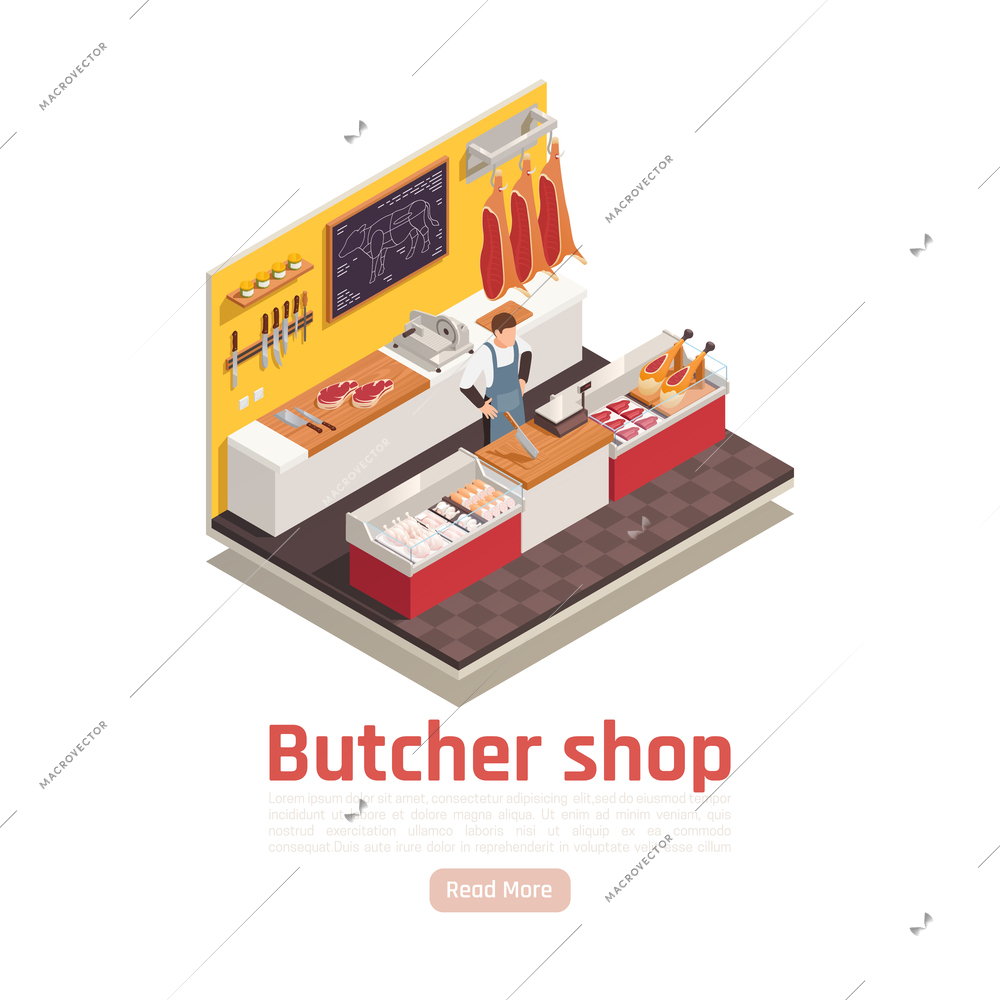 Meat shop interior isometric composition with beef cuts knives butcher behind counter selling ham steaks vector illustration