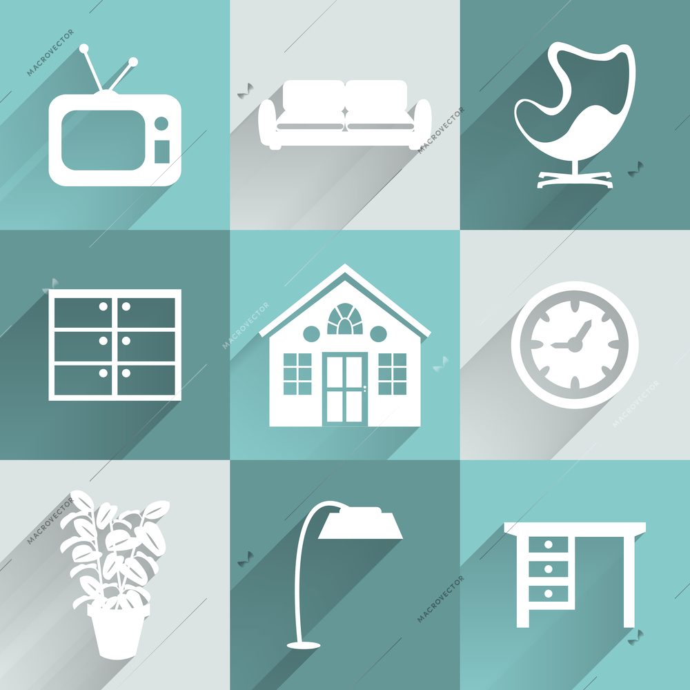 Interior furniture icons set, white with long shadows vector illustration