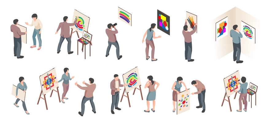 Isometric exhibition art gallery set of isolated icons and human characters with paintings on blank background vector illustration