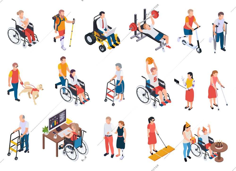 Set of isometric icons with disabled people living full life isolated on white background 3d vector illustration